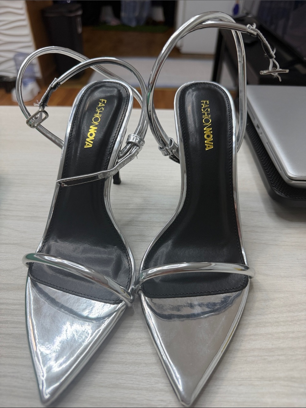 Fashion Nova Metallic Silver Pointed Slingback Heels